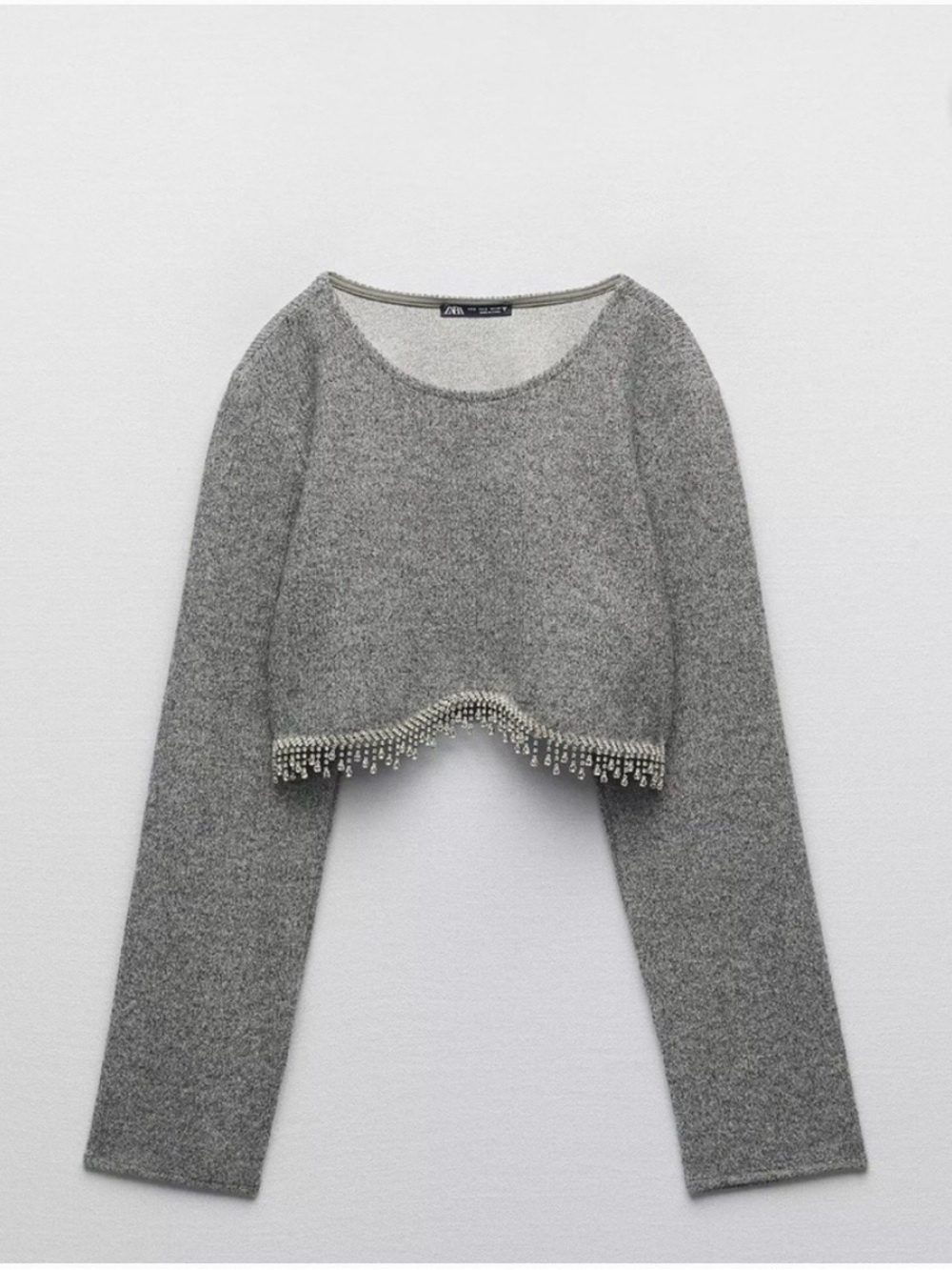 Zara Gray Cropped Knit Top with Beaded Trim